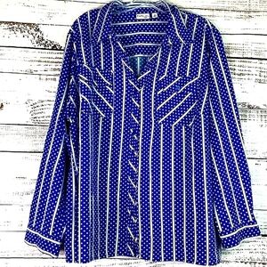 KIM ROGERS PLUS SIZE 2X TOP ROYAL BLUE POLKA DOT STRIPES SPRING SUMMER BLOUSE